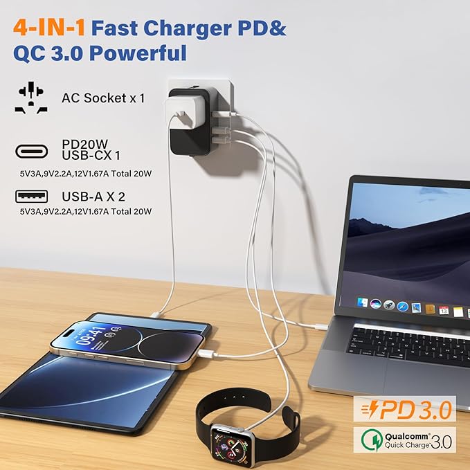 Travel Adapter Fast Charge,Worldwide All in One Universal Travel Adapter with PD3.0 Type C & USB-A Quick Charging Portable Wall Charger,AC Power Converters for USA UK EU AUS-Black