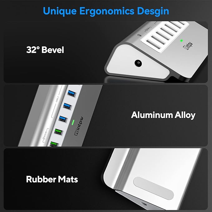 Powered USB Hub 10Gbps, 7 Port USB 3.2 Gen 2 Hub with 4 USB 3.2 Data Ports, 3 Fast Charging Ports, 36W Power Adapter, Type A and Type C Cable, Aluminum USB Hub for Laptop, Mac, PC