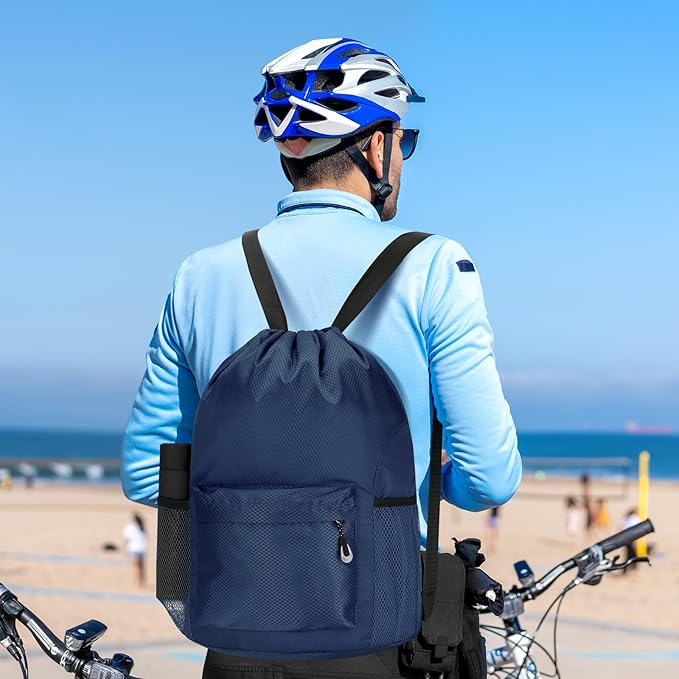 Waterproof Drawstring Bag, Lightweight String Backpack with Water Bottle Holder and Pockets, Gym Sports Cinch Sackpack (Blue)