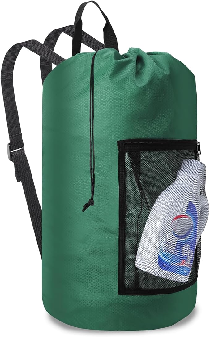 Laundry Bag Backpack Durable Laundry Bag with Shoulder Straps and Mesh Pockets Portable Laundry Hamper Dirty Clothes Bag for College, Travel, Laundromat, Apartment (Green)