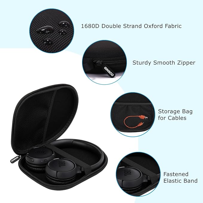 Ginsco Case Compatible with JBL Tune 510BT Bluetooth Headphones, with JBL Tune 520BT/670NC Live 460NC, with Sony WH-CH520/510, Portable Travel Carrying Headphone Case for On Ear Headphones (Black) | Bluetooth Headphones