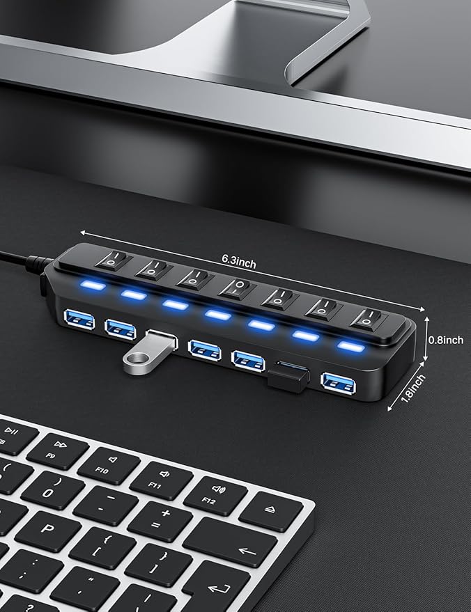 WIRWTRU USB Hub 7 Port,USB 3.0 Hub Splitter with Individual On/Off LED Switches, USB Hub for PC, 5Gbps HighSpeed Data for Laptop, Mac, PC, Desktop, PS5, Xbox and More