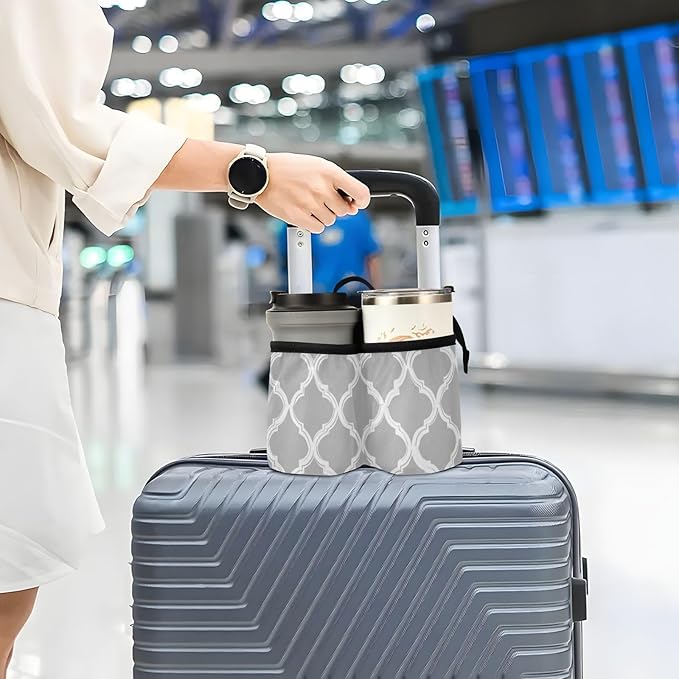 Luggage Cup Holder for Suitcases Free Hands Suitcase Cup Holder Travel Luggage Drink Holder Portable Luggage Cup Caddy Bag Carrier with Handle Silver Minimalist Quatrefoil