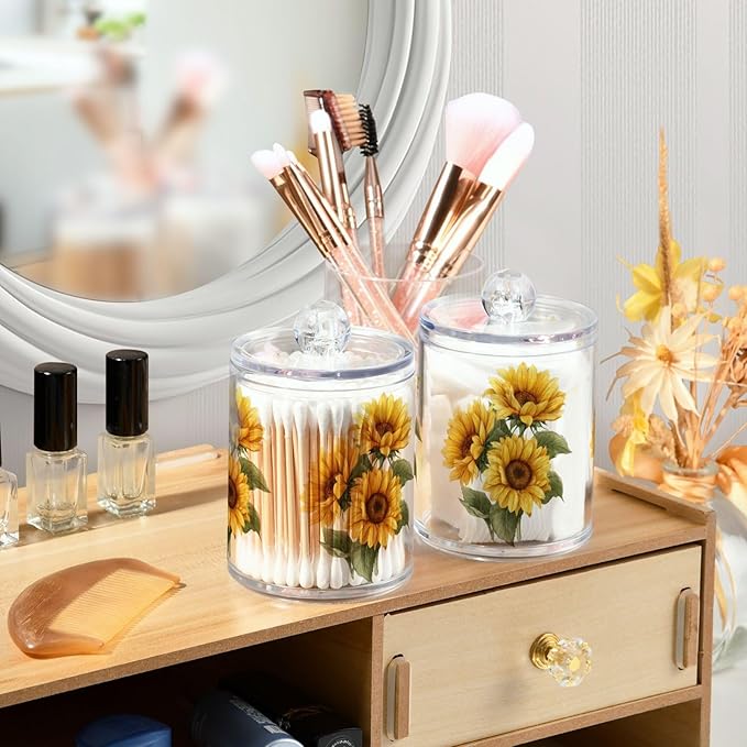 Gredecor Qtip Holder Dispenser 4 Pack Yellow Watercolor Sunflowers Apothecary Jars with Lids Bathroom Vanity Countertop Canister Storage Organizer for Cotton Ball,Swabs,Pads,Floss