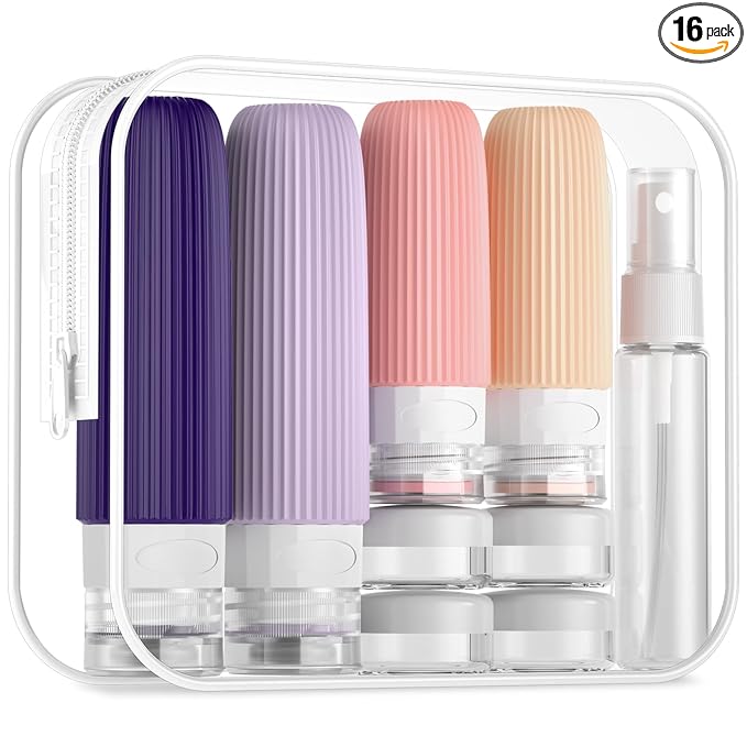 Mrsdry 16 Pack Travel Bottles Set, TSA Approved Leak Proof Silicone Squeezable Containers for Toiletries, Refillable Travel Accessories for Conditioner, Shampoo, Lotion & Body Wash Accessories