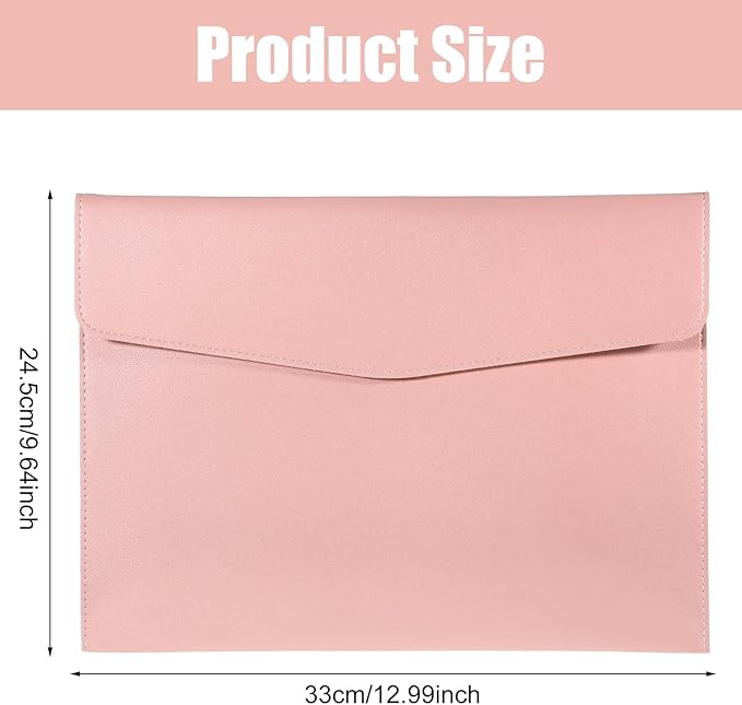 Leather Document Folder, A4 File Document Holder Waterproof Portfolio Envelope PU Leather Folder Case with Snap Button Closure for Letter Size, Travel, Resume, Pink