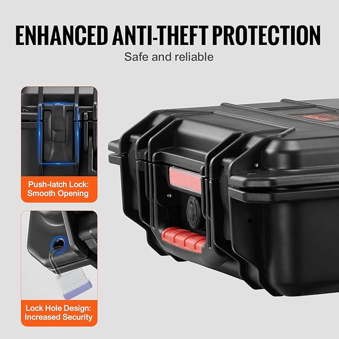 VEVOR Weatherproof Hard Case, Heavy Duty Protective Dry Box with Pre-cut Foam, Retractable Pull Handles for Travel, Hunting, Military, Tactical, IP67 Waterproof Case for Cameras(14.96x11.81x5.51)