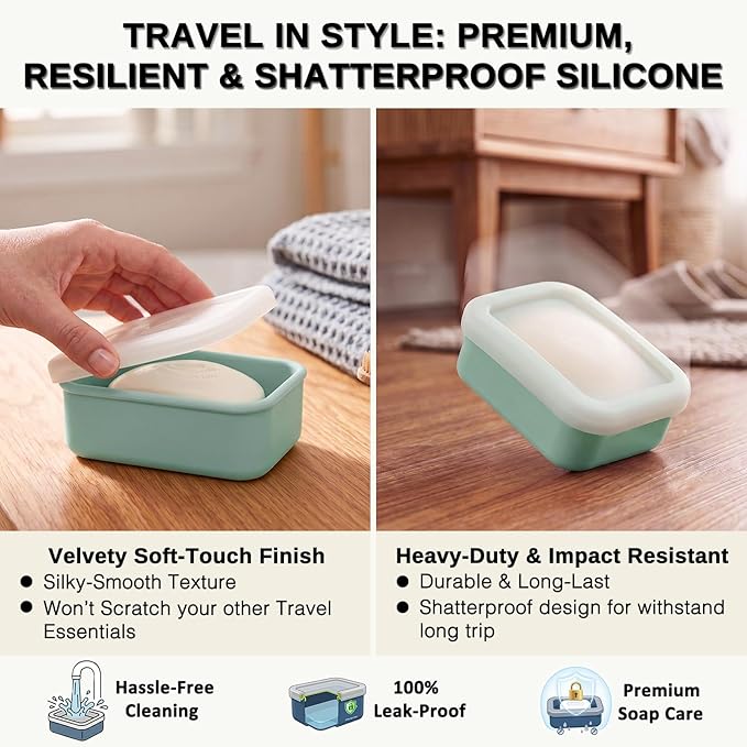 HighHerz Compact Leak Proof Silicone Travel Soap Case with Draining Tray - Portable Bar Soap Container - 2026 Upgrade Travel Essentials for Camping, Gym & Shower (Clear Green)