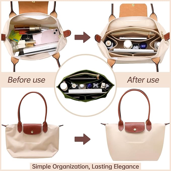 OPPOSHE Purse Organizer Insert for Longchamp Le Pliage, Premium Felt Long Champ Bag Handbag Women, Tote Organizer Insert with 9 Compartments (Medium, Forest Green)