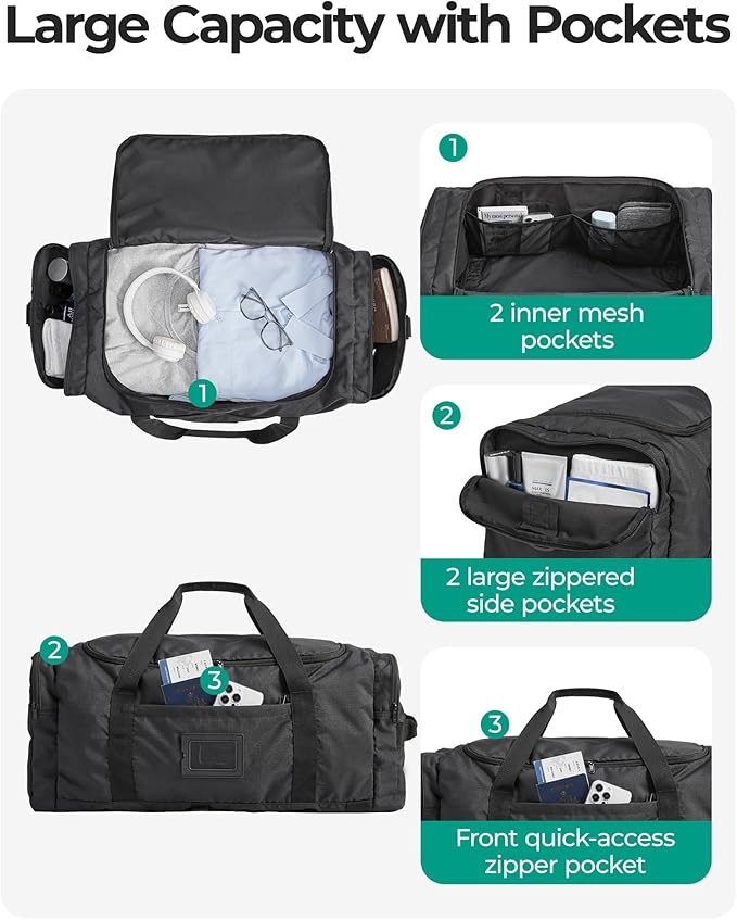 BAGSAMRT 85L Foldable Duffle Bag for Travel, Large Travel Duffel Bag for Men, 4 in 1 Travel Backpack, Carry on Weekender Bag, Black