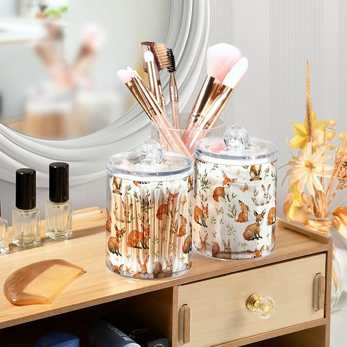 2 Pack Qtip Holder Organizer Dispenser Watercolor Woodland Animals Bathroom Storage Canister Cotton Ball Holder Container for Cotton Pads/Swabs/Floss