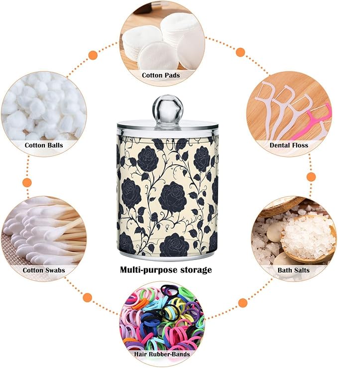 2 Pack Qtip Holder Organizer Dispenser Black Roses Tile Pattern Bathroom Storage Canister Cotton Ball Holder Container for Cotton Pads/Swabs/Floss
