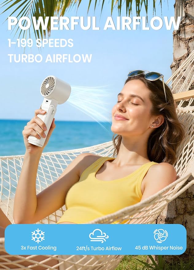 Portable Handheld Turbo Fan, 1-199 Speed Adjustable with LED Display, High-Power Motor, Rechargeable Battery, 4 IN 1 Pocket Design Mini Fans for Indoor/Outdoor/Travel/Work, White