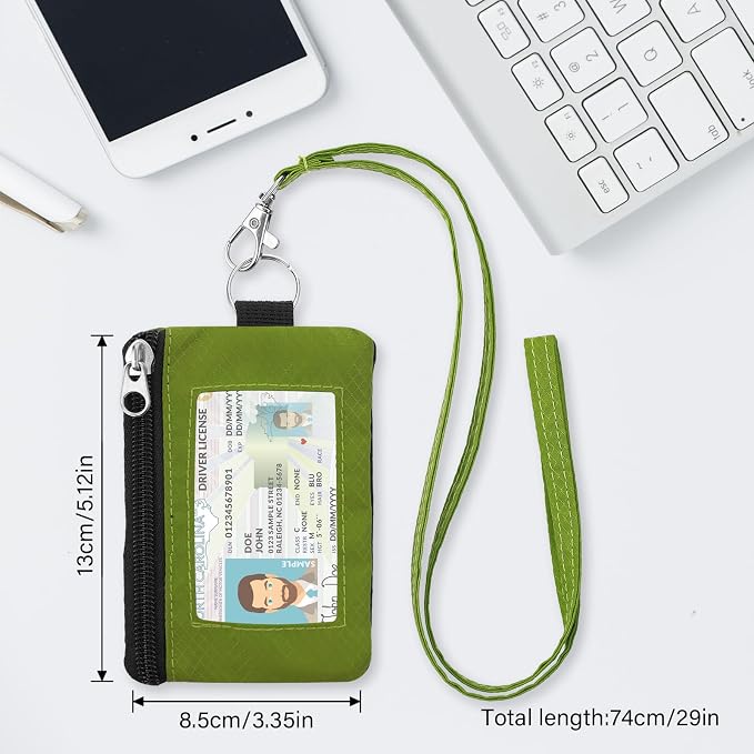 Minimalist Small Wallet for Men Women with 2 Zip Pockets, Multi Functional ID Case with Keychain and Card Holder, Coin Purse Badge Lanyard Pouch for Boys Girls Travel - Grass Green