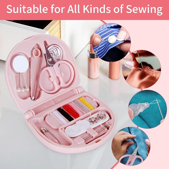 2 Pcs Mini Travel Sewing Kit,Handheld Sewing Machine Professional Portable Needle and Thread Kit Purse Mini Essentials Materials with Scissors,Threads,Needles(Soft Pink,Soft Blue)