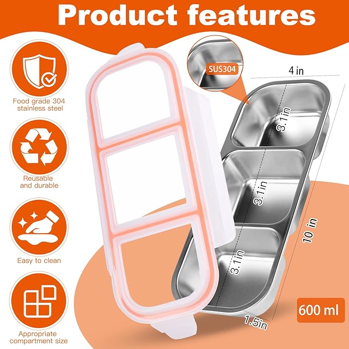 2 Pack 304 Stainless Steel Snack Containers - 3 Independent Sealed Compartments, Non-Toxic Leakproof Bento Box with Secure Lids. Snackle Box for Kids & Adults, Body Management & On-the-Go Snacking!