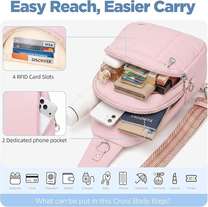 Anti Theft Sling Bag for Men & Women, Lightweight Puffer RFID Crossbody Bag for Travel, Commuting & City Walking, Hands-Free Everyday Essentials Bag Pink