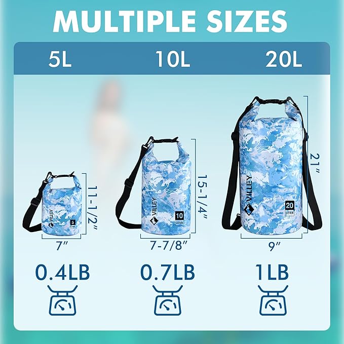 VILLEY Dry Bag Waterproof 10L Roll Top Storage Backpack, Keeps Gear Dry Lightweight Backpack for Kayaking Boating Camping Swimming and Beach Accessories Blue Camo
