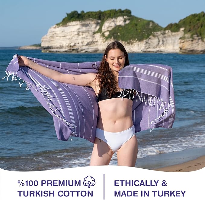 Turkish Beach Towels, Pack of 6 | Oversized, Quick Dry, Sand Free | 100% Cotton, Large 38x71 Towels for Beach, Pool, Travel | Ultra-Soft, Compact, and Absorbent | Purple