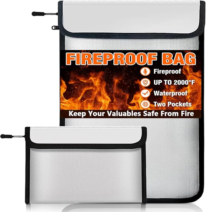 Fireproof Waterproof Document Bag - 2000℉ Protection, Upgraded Two Pockets, Reflective Strips | 2 Sizes (5x8in & 11x15in) | Certified Fire Safe Bag for Cash, Passports & Legal Files