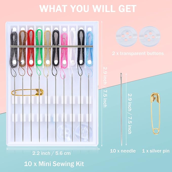 MTLEE 14 Boxes 140 Pieces Mini Quick Fix Sewing Kit Easy Pre Threaded Needle Basic Personal Kit Plastic Threaded Needle Holder Small Home Travel Sewing Box with Pin Button, Assorted Colors