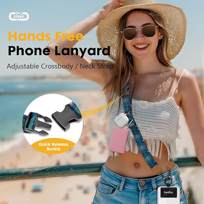 Icycay Phone Lanyard Crossbody, Boho Blue Cell Phone Strap for Around The Neck Adjustable, Bohemian Anti Theft Cute Lanyard for ID Holder Keys Accessories Travel Essential