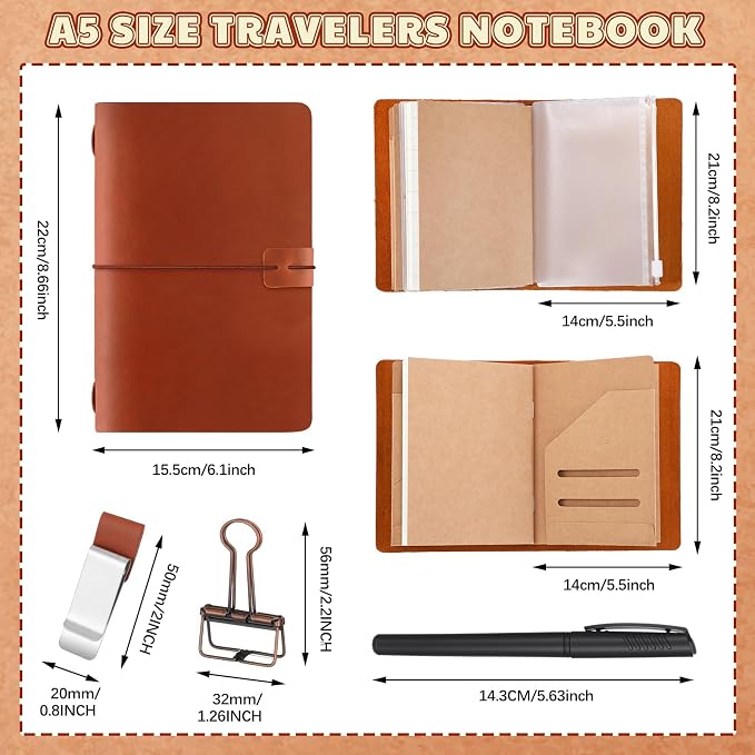 Thenshop Travelers Refillable Leather Journal Notebook Travel Diary Handmade Passport Travelers Journal for Men and Women with 3 Notebook Inserts, Pen Holder, Binder Clip(Brown,A5 Size)