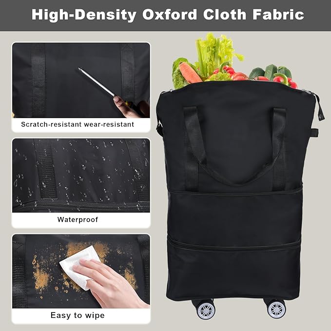 Reusable Grocery Bag on Wheels Shopping Bag with Wheels, Detachable Roller Tote Bag, Luggage Bag, used for Shopping, Camping, Traveling, Giving Gifts to Friends, Large Capacity, Black