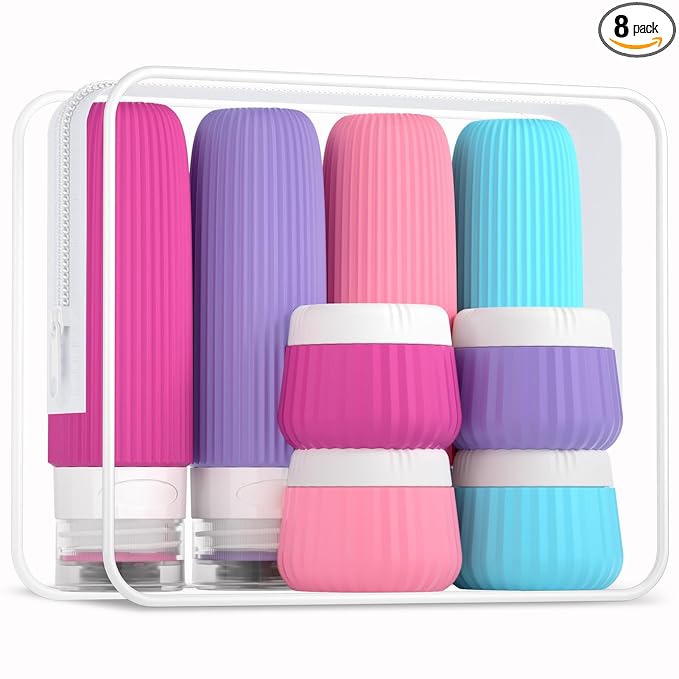 Mrsdry Travel Bottles for Toiletries 8 Pack, Tsa Approved Travel Size Toiletries 3 oz, Travel Containers for Toiletries, with Clear Bag, Leak Proof Silicone Squeezable Travel Essentials Creams Jars