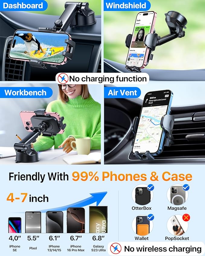 HTU Car Phone Holder【2026 Upgraded 100+LBS Suction & Safety Cert】 Cell Phone Car Mount for Truck Heavy Duty Phone Holder for Dashboard/Windshield/Vent for iPhone 17 16 Pro Max, Navy Blue