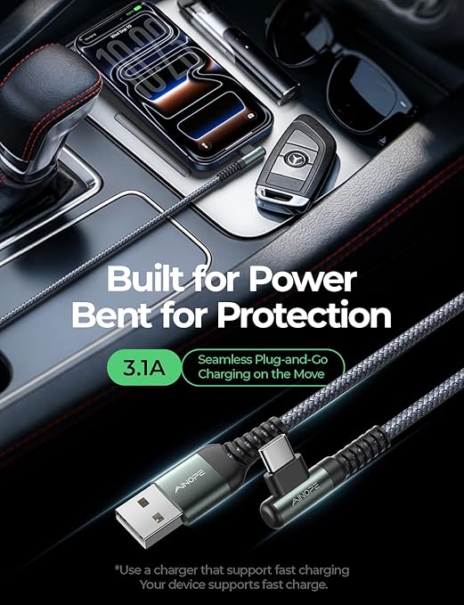 AINOPE USB A to USB C Cable Short 3. 3FT 2-Pack Right Angle Fast Charging & Data Sync Nylon Braided Carplay Android Auto Car Charger Cord for iPhone 17 16 15 Samsung Galaxy iPad Pro Air Android Phones