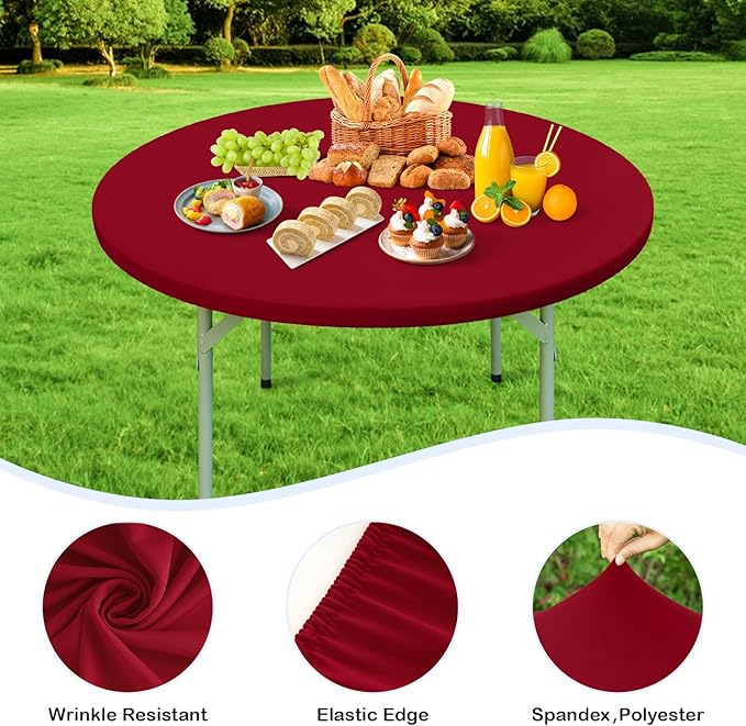 Wolkemer 2 Pack 5 Foot Burgundy Fitted Tablecloth 60 Inch Round Elastic Edges Table Cloth, Spandex Stretch Table Cover with Machine Washable Fabric for Wedding Party Picnic Dining Indoor Outdoor