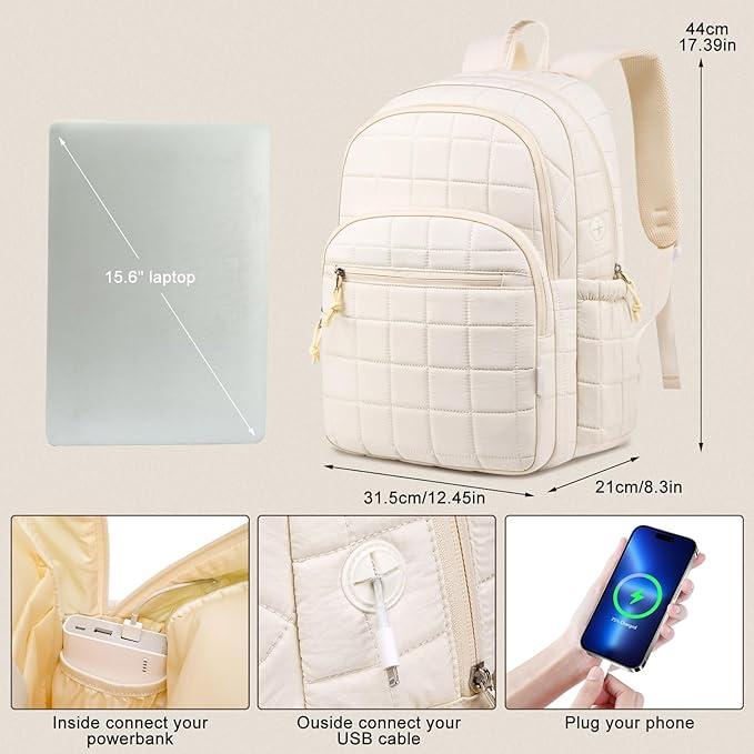 kadilong Laptop Backpack for Women College Travel,Quilted Daypack Bookbag for School Teen Girls Mochilas Mujer,Beige