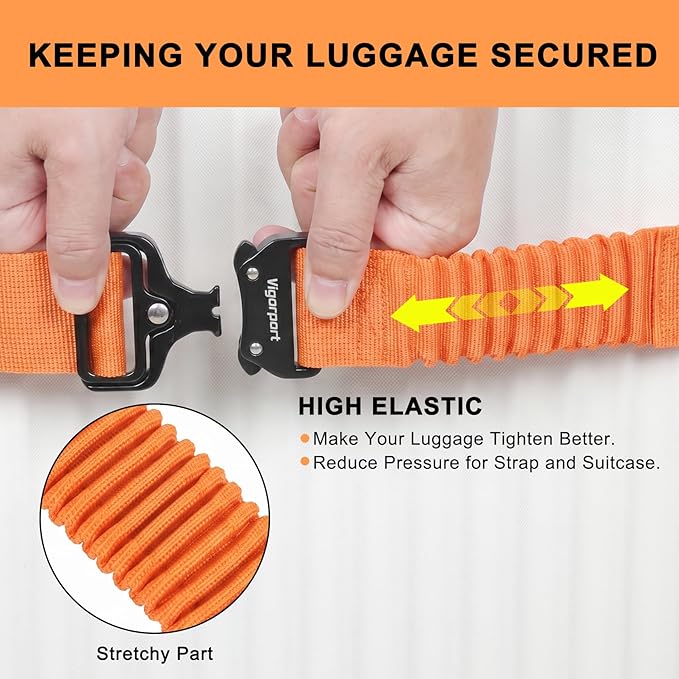 Vigorport Luggage Straps for Suitcases 2 Pack, Heavy Duty Metal Buckle Luggage Belt Strap, TSA Approved Suitcase Belt, Stretchable Travel Strap for Luggage (Orange, 72″ L & 79″ L)
