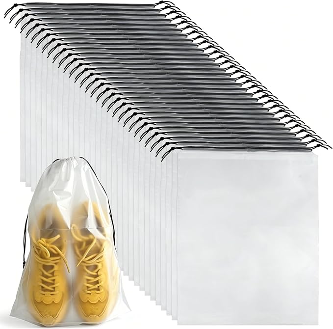 32 Pcs Shoe Bags for Travel，PLULON 15.7" x 11.8" Clear Drawstring Storage Plastic Bags Shoes Organizer for Packing Waterproof Dustproof Women Men Portable Travel Essentials