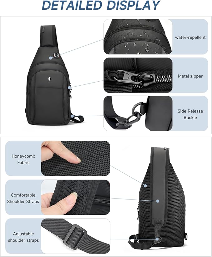Sling Bag for Men, Anti Theft Crossbody Bag with Lockable Zipper, Water Resistant Chest Bag Fits 11” iPad & Switch 2, Lightweight Sling Backpack for Travel, Work & Commuting