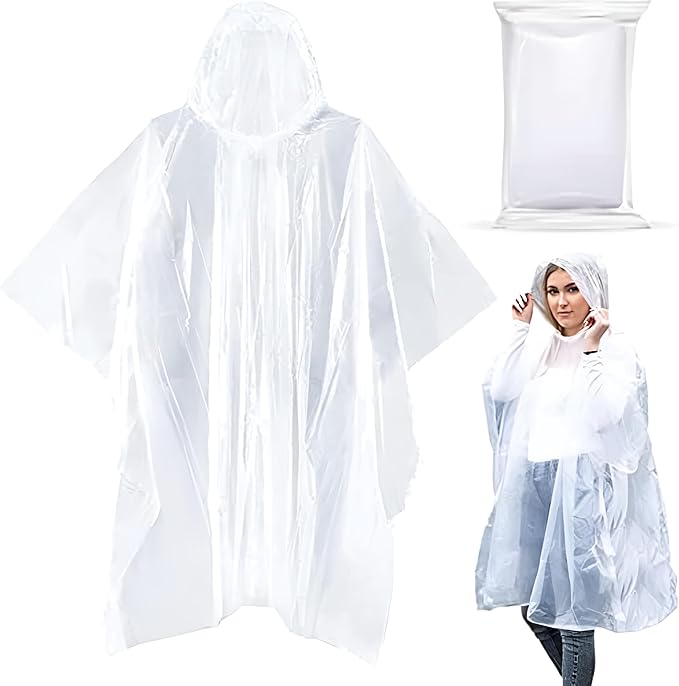 Noe & Malu 20-Pack Emergency Disposable Rain Ponchos for Adults – 100% Waterproof with Hood | Clear Lightweight Unisex Raincoats for Camping, Hiking & Travel