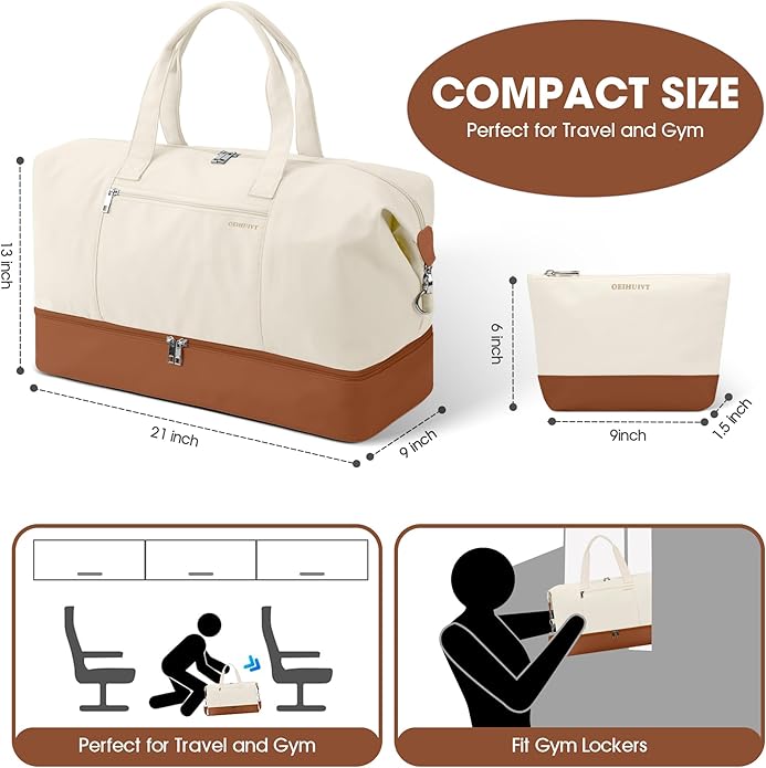 Women's Weekender bag Travel Duffel Bag with Shoe Compartment 21-inch Airline-Approved Carry-On, 2-Piece Overnight Bag Set Personal Item Luggage
