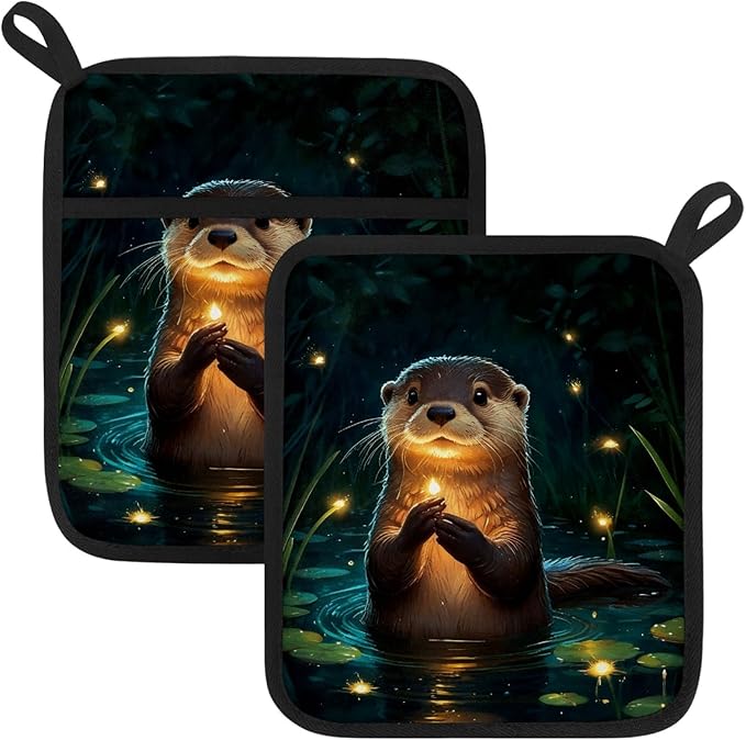 Otter and Fireflies Pot Holders with Pockets 2 PCS, Heat Resistant Oven Mitts Hot Pads for Kitchen Baking Cooking, Square Thick Pot Holders Kitchen Hot Potholders, 8.5x10 Inches
