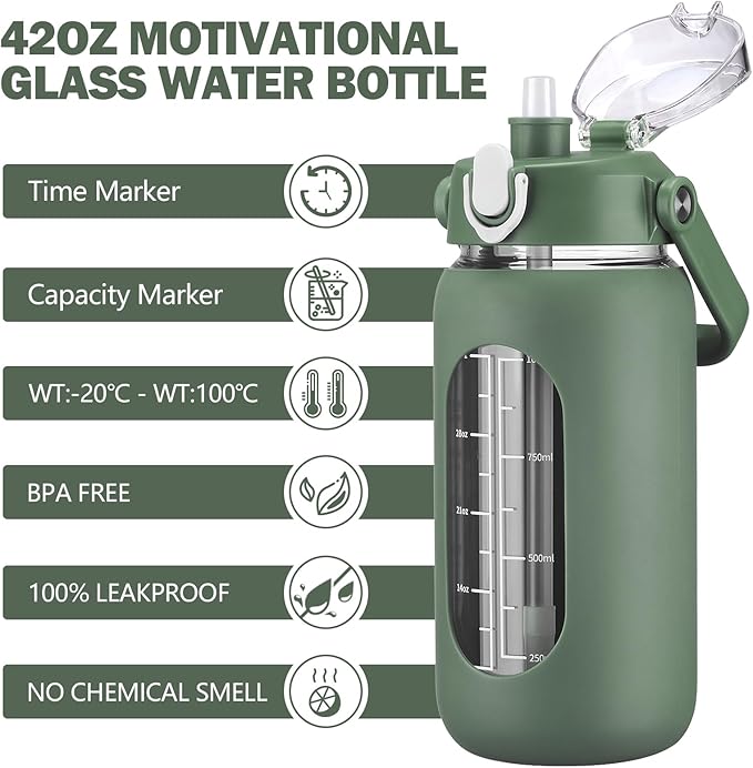 42oz Glass Water Bottles with Straw, Motivational Glass Bottle with Silicone Sleeve and Time Marker, Leakproof Large Glass Water Jug for Gym Home Office,Olive