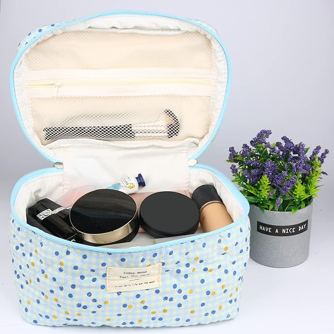 VIWIME Makeup Cosmetic Bag, Large Cotton Quilted Travel Coquette Aesthetic Cute Floral Make up Bag for Women Toiletry Bag Organizer (105- Blue Point / 2Pcs)