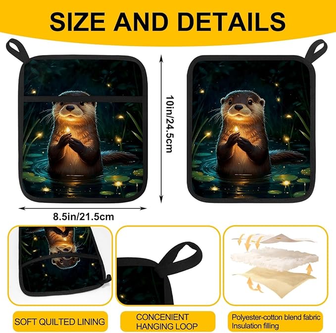 Otter and Fireflies Pot Holders with Pockets 2 PCS, Heat Resistant Oven Mitts Hot Pads for Kitchen Baking Cooking, Square Thick Pot Holders Kitchen Hot Potholders, 8.5x10 Inches