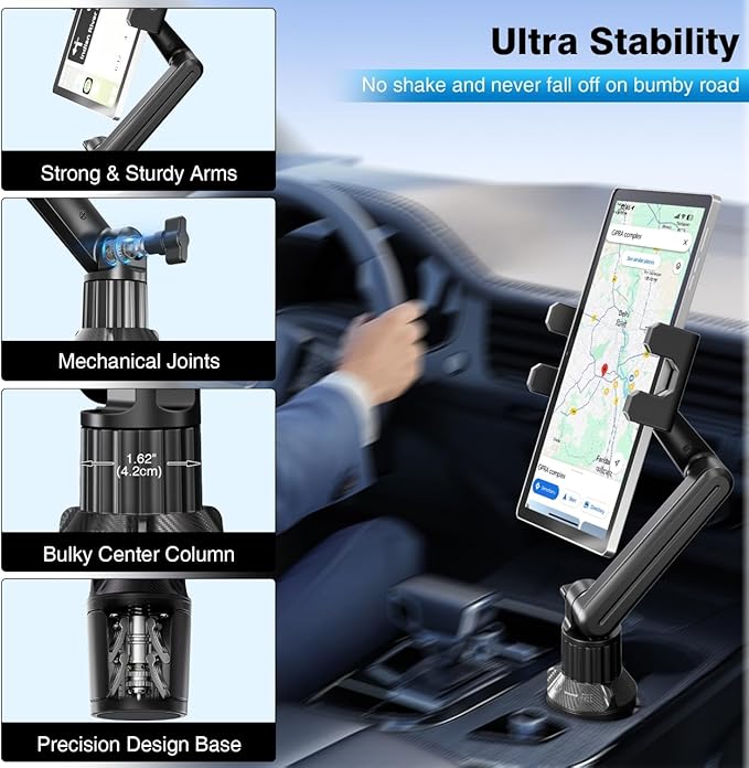 Cup Holder Car Tablet Mount for Truck, Ipad Cup Holder Car Mount with 15" Adjustable Arm Stand for Tablet iPhone 4.7-13in, iPad Pro Air Mini, Fire, iPhone 16 15, Galaxy S25 S24 Z Fold 6 5