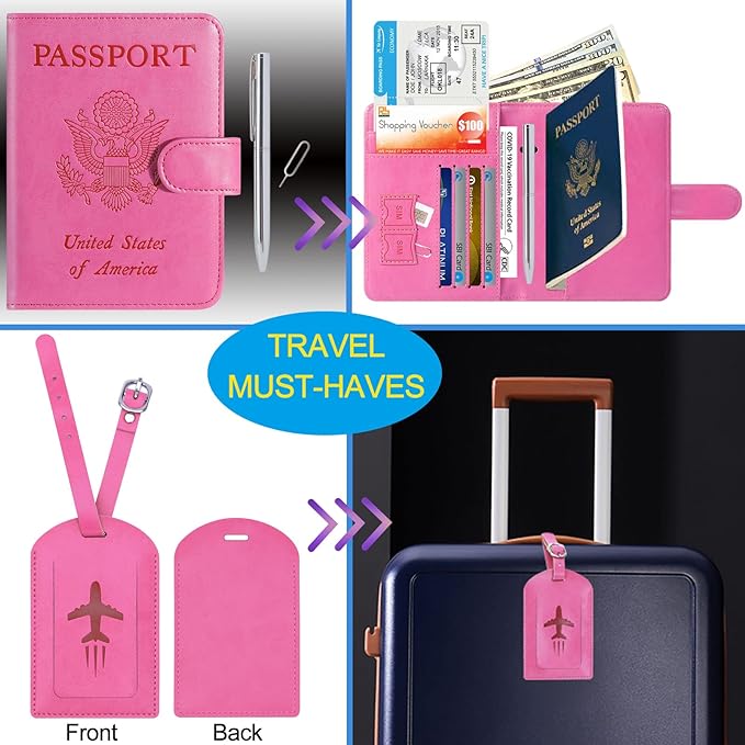 Passport Holder With Luggage Tag Cover Wallet RFID Blocking Leather Case Travel Essentials Accessories Travel Must Have(114#Pink)