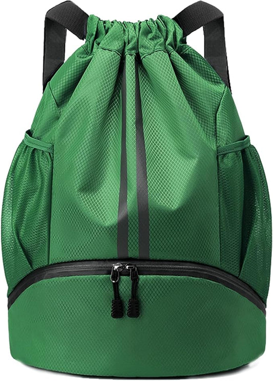 JELUTAR Drawstring Backpack Gym Bag with Shoes Compartment for Soccer, Basketball, Swim, Water-Resistant String Backpack Beach Cinch for Women Men, Dark Green, Medium