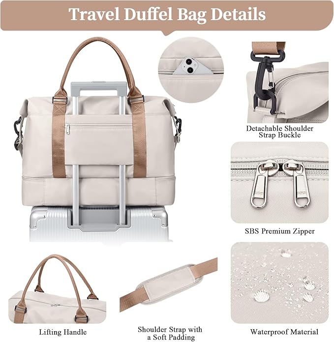 Weekender Bags for Women,Personal Item Travel Bag with Shoes Compartment,Overnight Travel Duffel Bag with Quilted Toiletry Bag,Beige&Brown