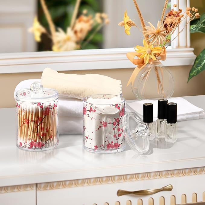 2 Pack Qtip Holder Organizer Dispenser Branches Pink Cherry Blossom Bathroom Storage Canister Cotton Ball Holder Container for Cotton Pads/Swabs/Floss