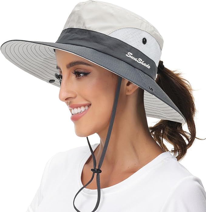 Sun Hat for Women Summer UV Protection Beach Hat Wide Brim Mesh Bucket Fishing Hat with Ponytail Hole Foldable Packable Hat