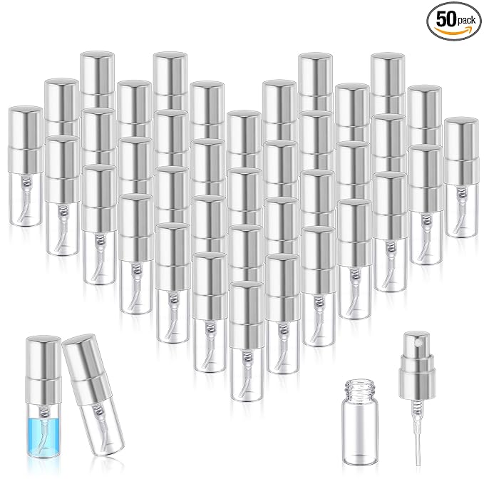 Zhehao 50 Pcs Mini Spray Bottles 2 ml Clear Glass Perfume Bottles Refillable Fine Mist Perfume Atomizer Portable Empty Sample Containers for Cleaning, Essential Oils, Travel (Silver Cap)