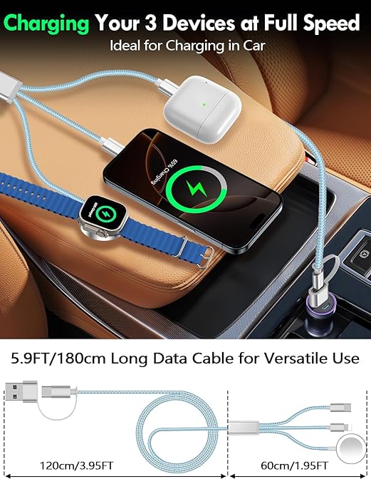 Travel Essentials for Apple Watch Charger,iPhone Charger,3 in 2 Type C/Lightning/Magnetic Travel Charging Cable,Portable Multi Charging Cable for Apple Watch, iPhone 17‑11,Samsung S26,Car,iPad-6FT